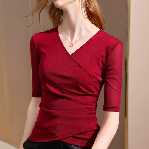 春夏瑜伽服运动修身显瘦V领中袖T恤衫女舞蹈训练速干透气健身上衣