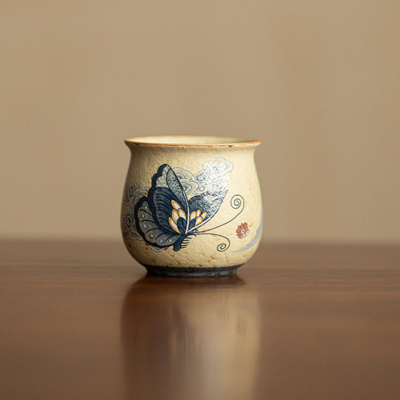 焦糖釉青花向日蝴蝶石红陶瓷主人杯家用喝茶功夫茶具杯子单杯复古