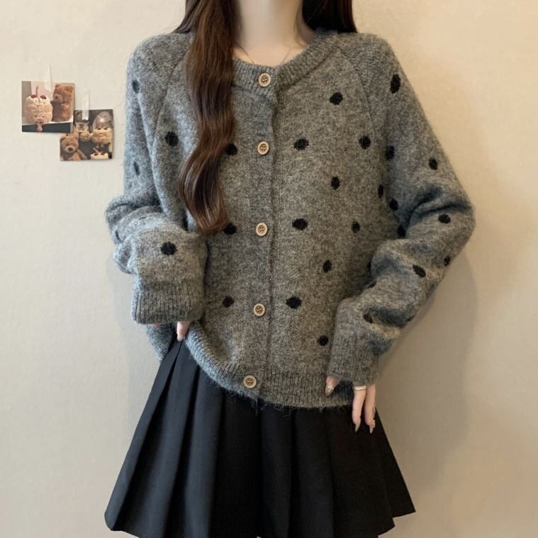 韩版宽松小香风软糯波点时尚针织衫外套2026春秋新款女装毛衣开衫