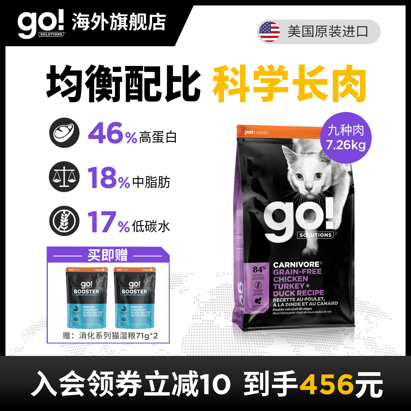 GO猫粮进口无谷九种肉46%高蛋白营养长肉低温慢煮幼猫成猫16磅