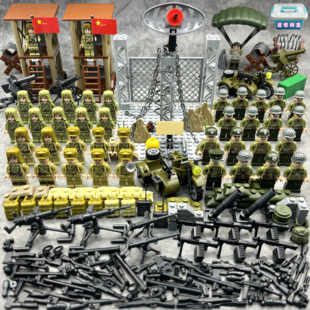 二战积木地道战哨塔基地拼装八路军小人士兵运兵卡车坦克模型玩具