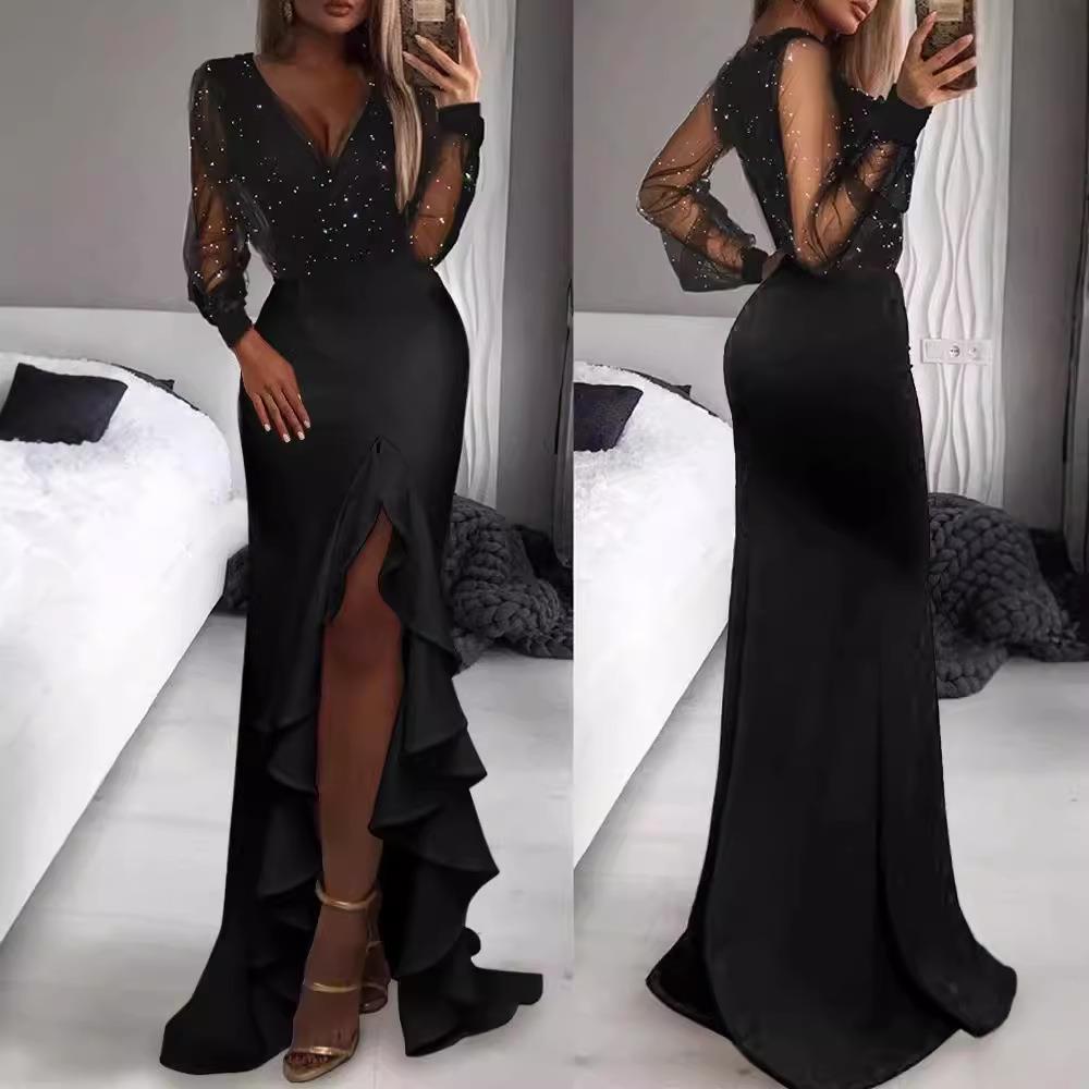 Butt hugging, waist cinched, black mesh sequin long skirt