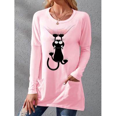 Autumn Pocket Round Neck T-shirt Printed Loose Long sleeved