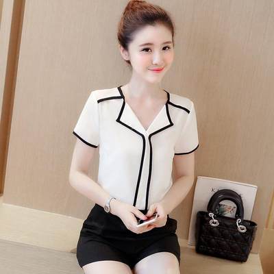 Short sleeved standing collar women's shirt solid color shir