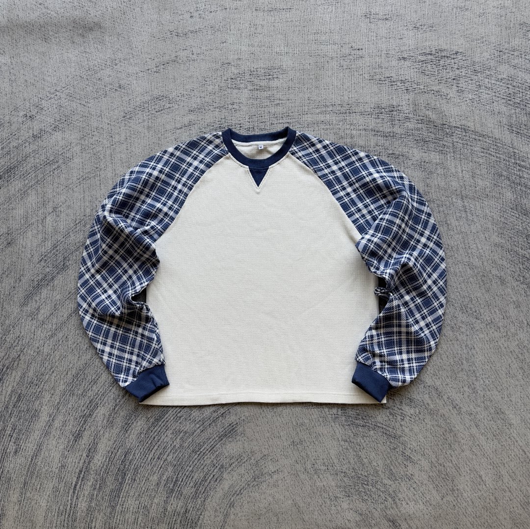 thumbnail for Fyredwrld Vintage Plaid Stitched Waffle Long Sleeve "Dark Blue"