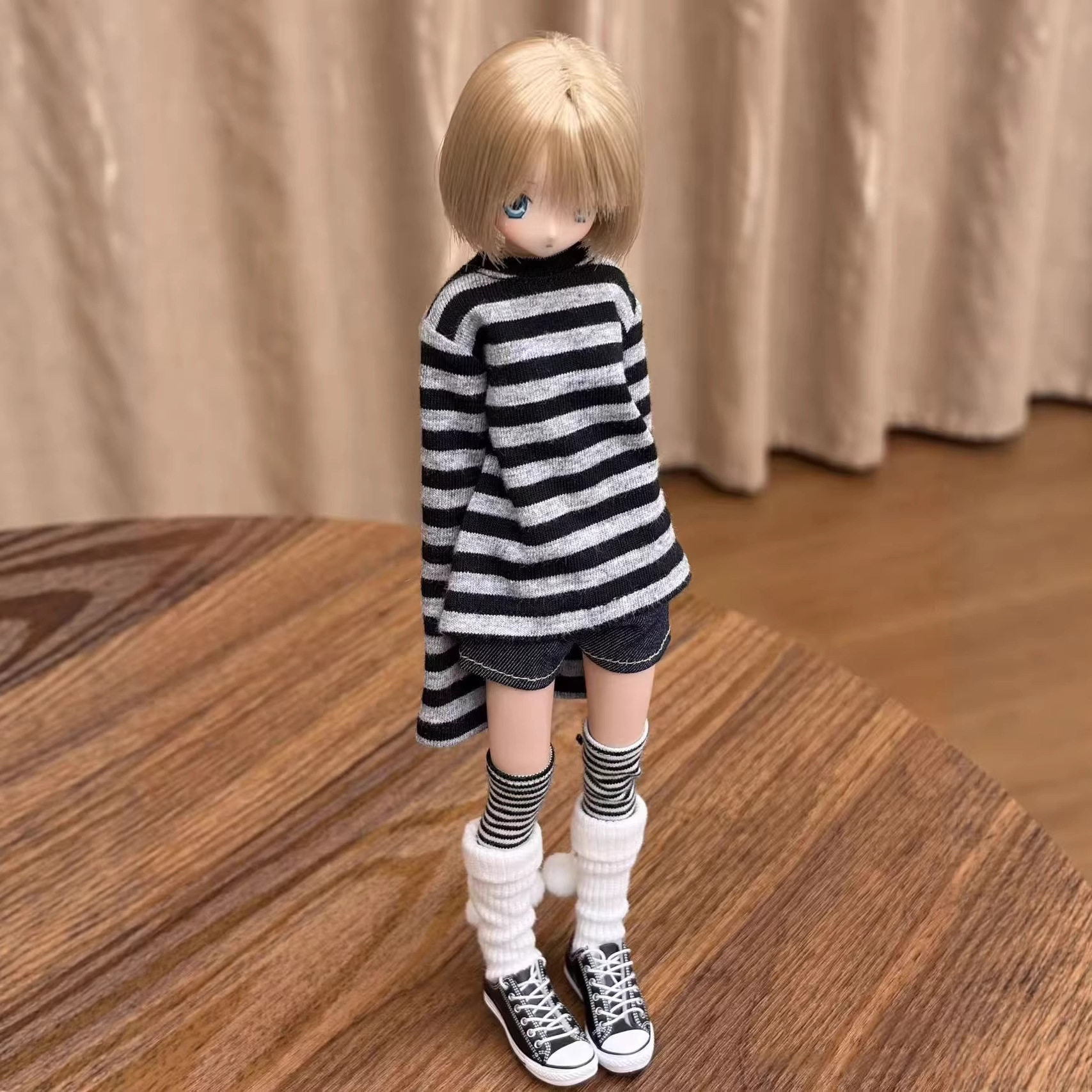 夏日Azone/ob22/blythe/小六娃衣黑条纹上衣牛仔短裤套装小布休闲图片