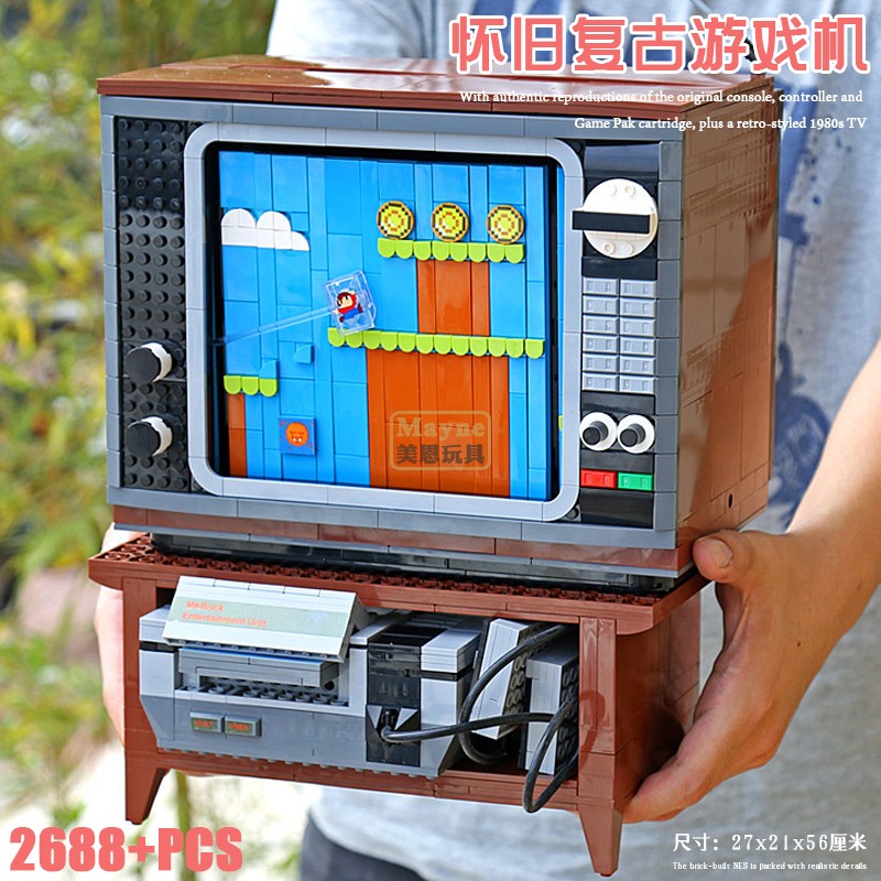 拼图拼搭71374复古电视红白游戏机卡带男孩拼装玩具中国积木10013