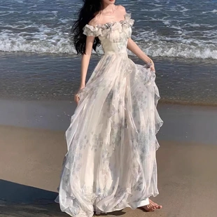 荷叶边沙滩连衣裙氛围感长裙飘逸仙女范潮 海边度假风吊带裙纱法式
