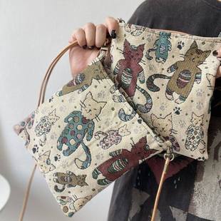 夏季 复古可爱猫咪小挎包手机包包文艺森系百搭斜挎拉链小方包 新款