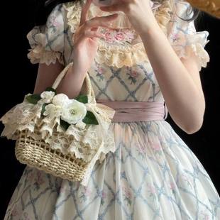 秋冬森系山茶花草编织手提包蕾丝花朵Lolita软妹田园风单肩斜挎包