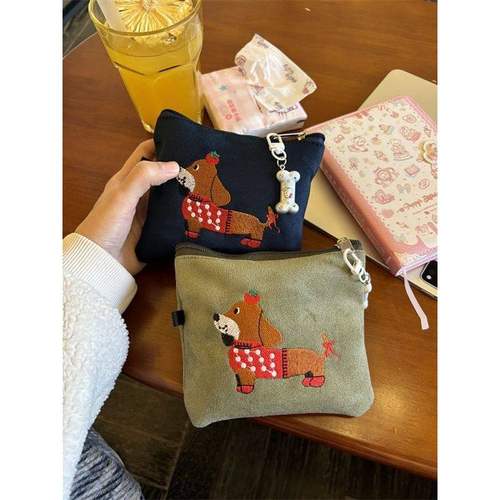 可爱麂皮绒腊肠狗卡包收