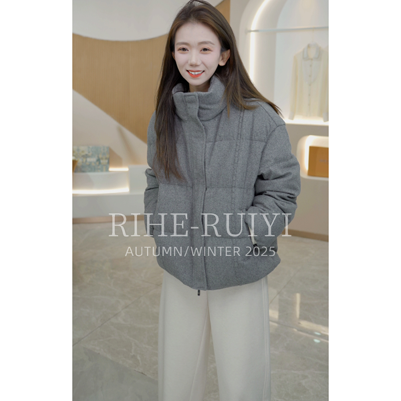 R H 小个子短款90白鹅绒羽绒服女2025年冬季新品灰色加厚外套556