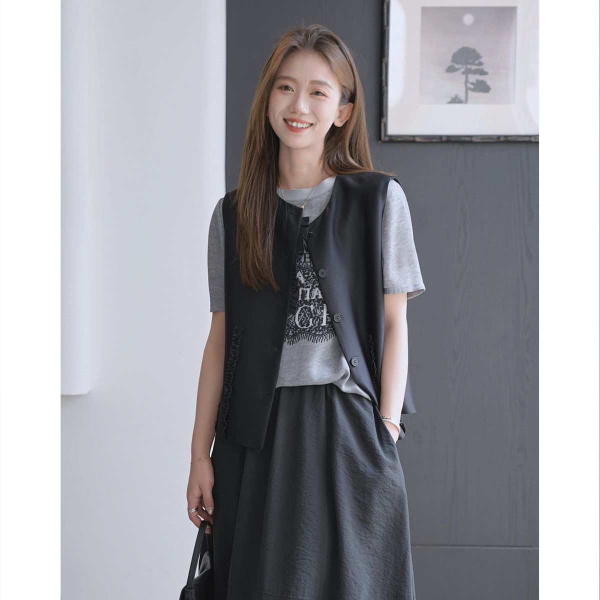 R H【素帛】春夏新款质感气质显瘦木耳拼边32MM重磅丝毛马甲RH591