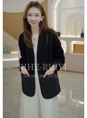 RH【柔光呢语】2801复古轻奢质感西装领羊绒羊毛混纺拼色大衣外套