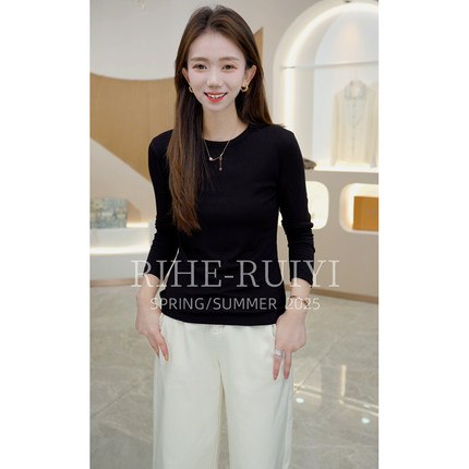 R H 【柔光肌】0828-YL秋冬新款圆领珍珠羊绒混纺棉打底毛衣T恤