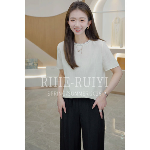 RH【白月光】春夏新千鸟格冠乐绉显瘦圆领短袖重磅桑蚕丝T恤7437
