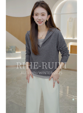 R H 【连帽假两件】078857秋冬新款纯羊毛连帽假两件套头毛衣