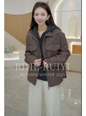 R H【咖调】2500361复古高端质感羊毛羊绒混纺显瘦白鹅接羽绒服