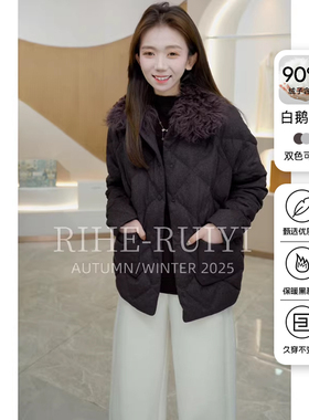 RH2025新款羊毛骆驼绒混纺面料羊毛大毛领90白鹅绒羽绒服女100406