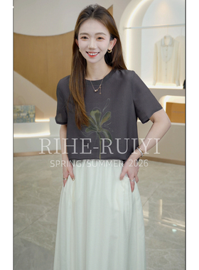 RH【水墨昙花】1782春夏新款气质显瘦珍珠绉桑蚕丝印花短袖T恤