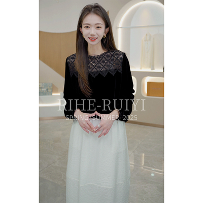 R H 【小蕾丝真丝丝绒】7157新款洋气时尚显瘦桑蚕丝长袖衬衫