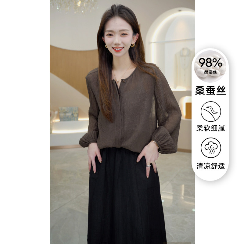 R H 杭州品牌重磅真丝衬衫女高端气质纯色通勤桑蚕丝上衣宽松显瘦