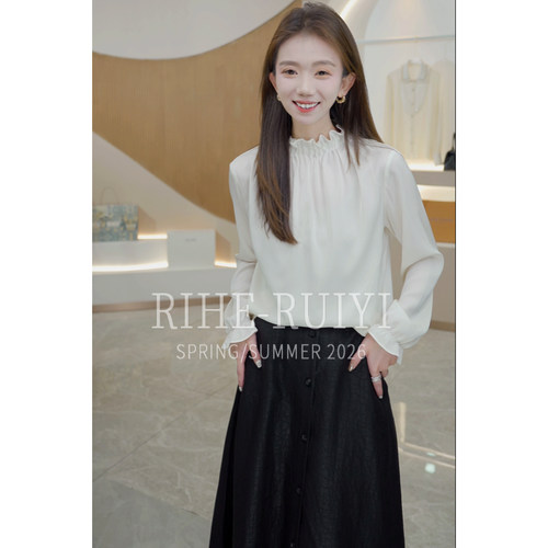 RH[花瓣捏褶]新款显瘦风琴褶花瓣领重磅双乔桑蚕丝衬衫266633-12