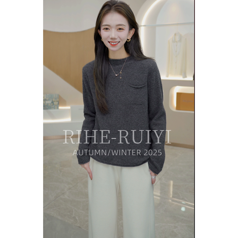 R H  【羊绒T】25909秋冬新款100山羊绒长袖套头卷边毛衣