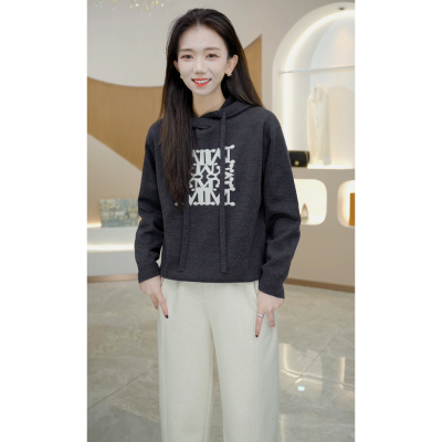 R H 精纺扬子纱针织羊毛衫女2024新款加厚连帽印花打底衫内搭上衣