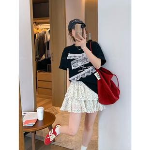 百搭上衣 爱情魔鬼鱼 黑色圆领短袖 字母蕾丝拼接T恤女2025夏季 新款