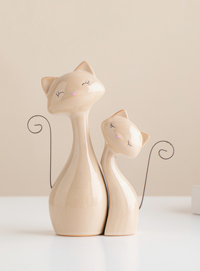 北欧极简米色陶瓷小猫景德镇工艺品治愈桌面摆件客厅书房装饰礼物