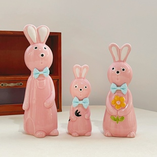 景德镇创意陶瓷可爱兔子一家三口家居摆件桌面客厅房间电视柜装 饰