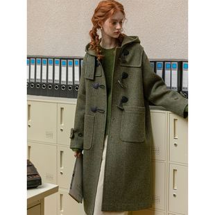 新款 外套女冬季 宽松显瘦连帽牛角扣绿色呢子大衣中长款 2025年新款