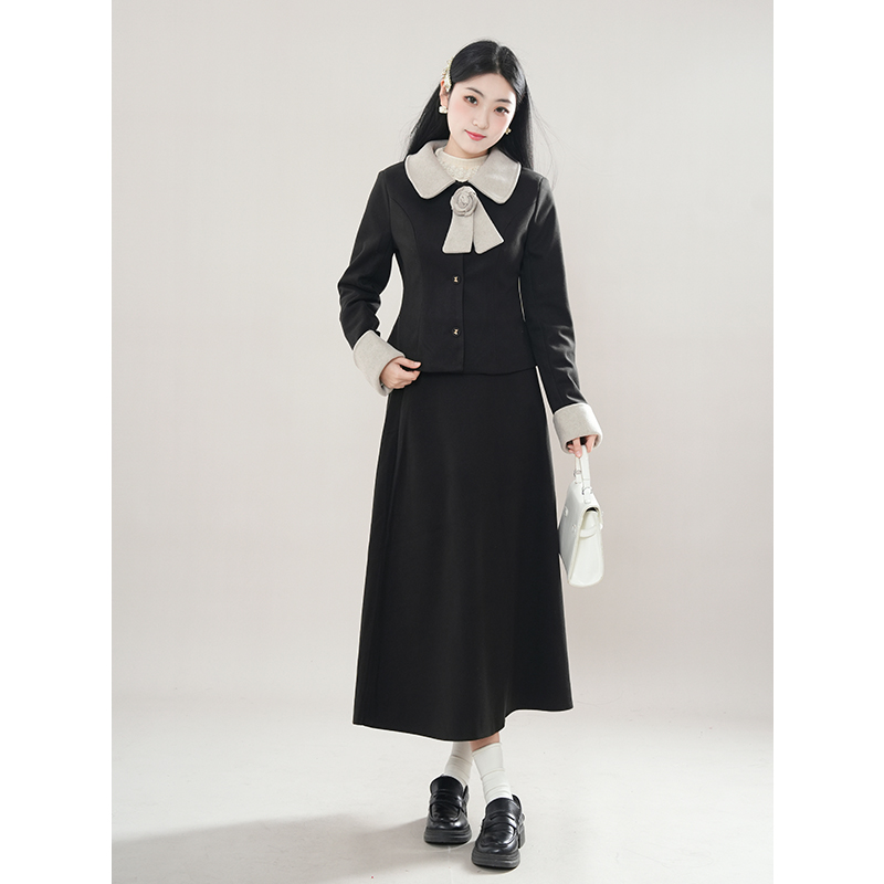 【焦糖玛奇朵】早冬法式千金风复古呢外套半裙套装撞色玫瑰两件套