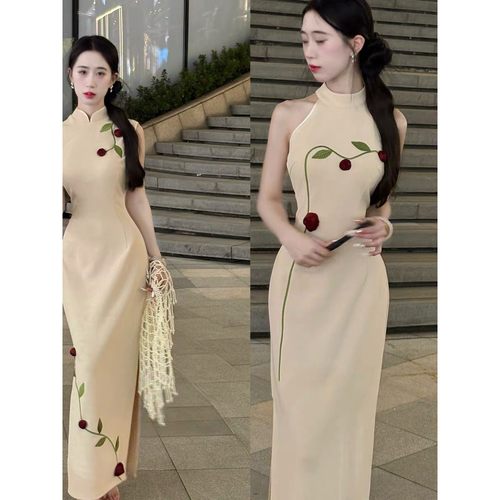 画报夫人自制手工立体玫瑰花新中式白色旗袍 诗音玫瑰