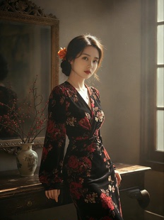 画报夫人同款 丝绒连衣裙瑶花扭折裙 自制v领扭折鱼尾新中式