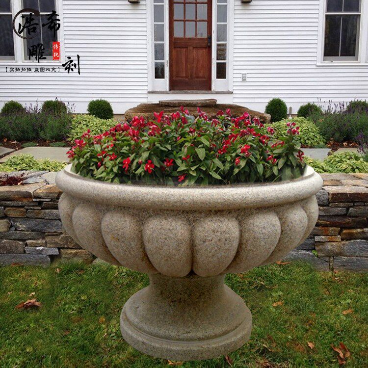 石雕花盆花钵欧式黄锈石特大盆栽鱼缸庭院花岗岩园林景观装饰摆件