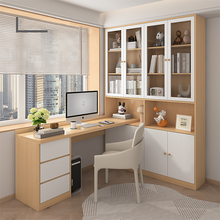 电脑桌定制家用组合学生学习桌台式电脑转角轻奢实木书桌书柜一体