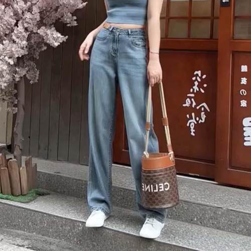 复古蓝色直筒牛仔裤女年春秋新款高腰宽松显瘦百搭拖地阔腿裤