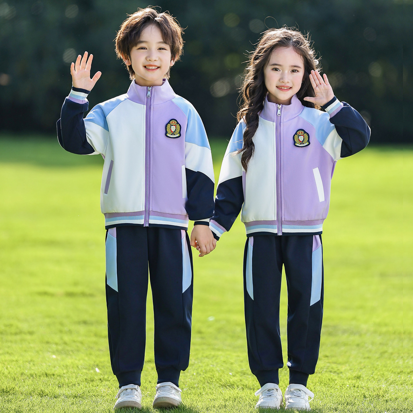 幼儿园园服冲锋衣三件套春秋款一年级儿童班服紫色小学生校服冬季
