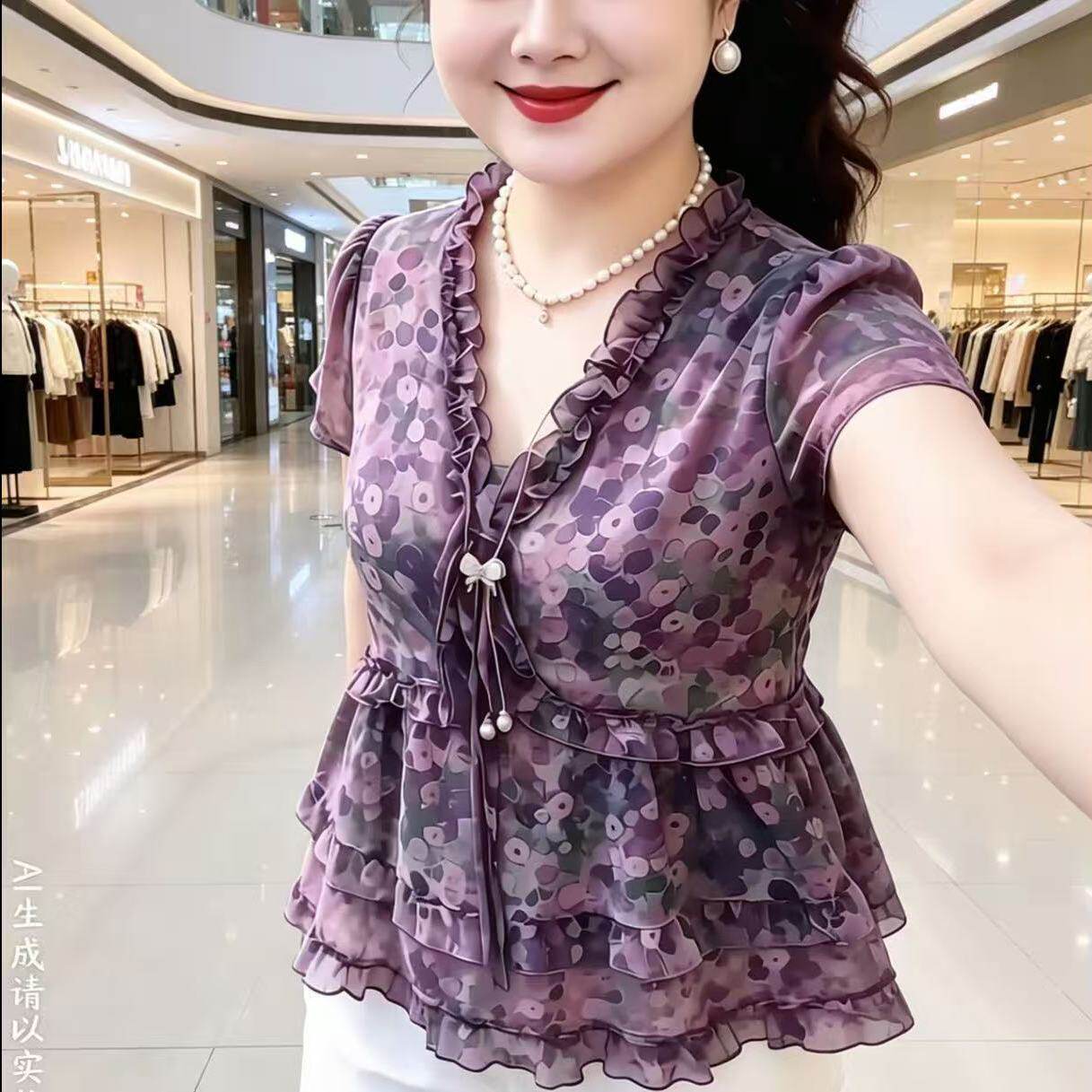 夏季V领碎花短袖大码妈妈衬衫裙