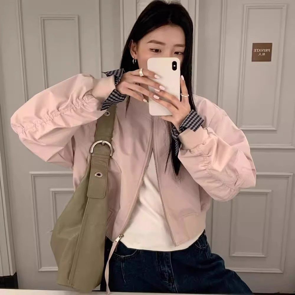 秋新设计感拼接棒球服女短款