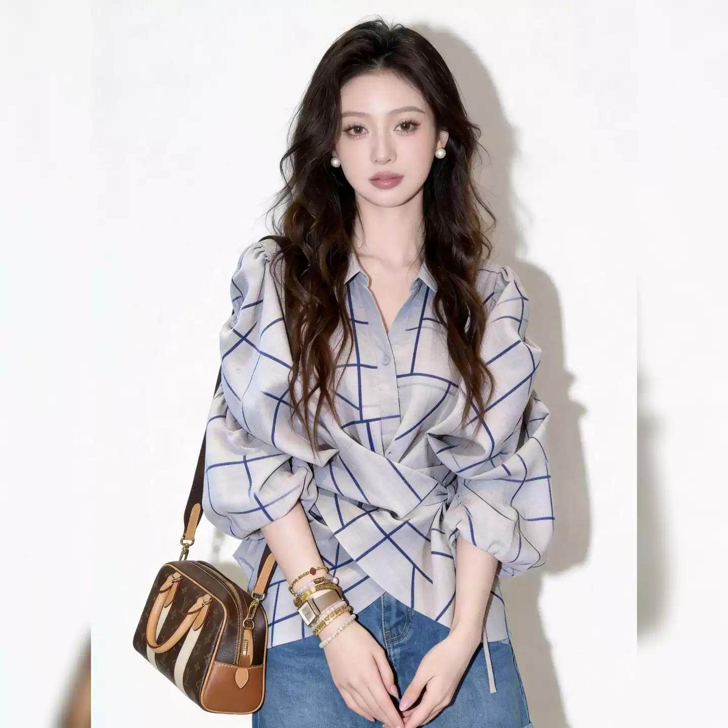 设计感格纹系带收腰衬衫女通勤显瘦气质百搭上衣超好看时尚高级感