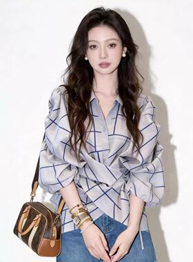 设计感格纹系带收腰衬衫女通勤显瘦气质百搭上衣超好看时尚高级感