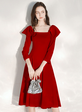 敬酒服新娘红色高级感赫本风小红裙长袖订婚法式结婚便装晚礼服女