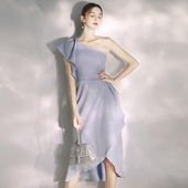 晚礼服女宴会气质轻奢小众高端单肩法式 高级感蓝色主持人party裙