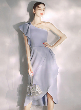 晚礼服女宴会气质轻奢小众高端单肩法式高级感蓝色主持人party裙