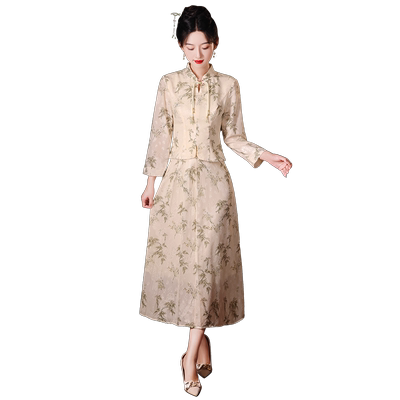 阿莲莉复古立领长袖花色礼服中式