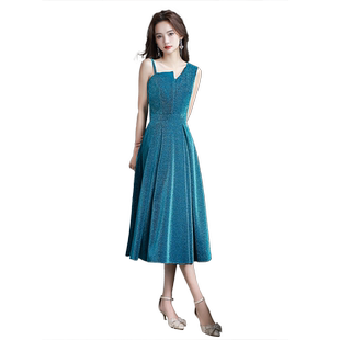 晚礼服女宴会轻奢小众高端高级感主持人端庄大气订婚蓝色连衣裙