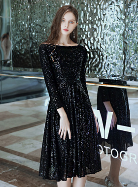 晚礼服女宴会气质轻奢小众高端主持人高级感亮片晚装黑色端庄大气
